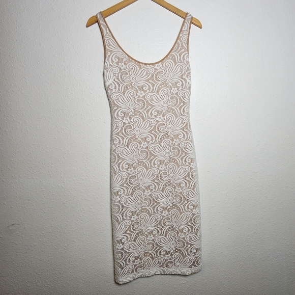 bebe Dresses & Skirts - Bebe White Lace Bodycon Dress Nude Lined Sleeveless Cocktail Party Size Meduim